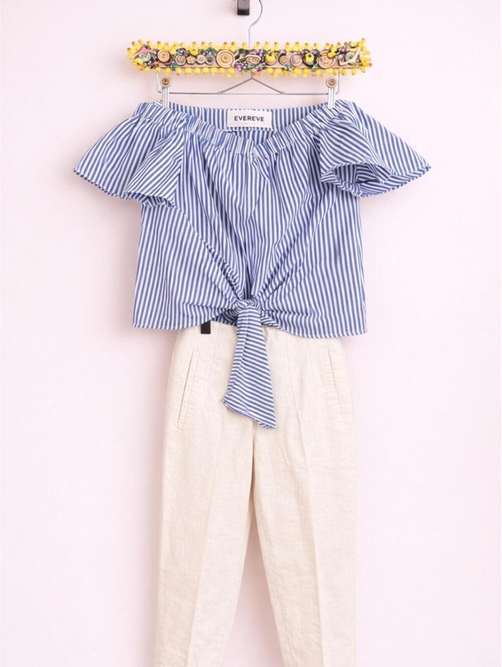 Evereve Blue & White Striped Off-Shoulder Tie-Front Top and Linen pants.
